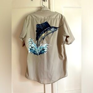 1980’s Fish Shirt Hand Painted Fish Button Down Khaki Shirt Vintage Fishing